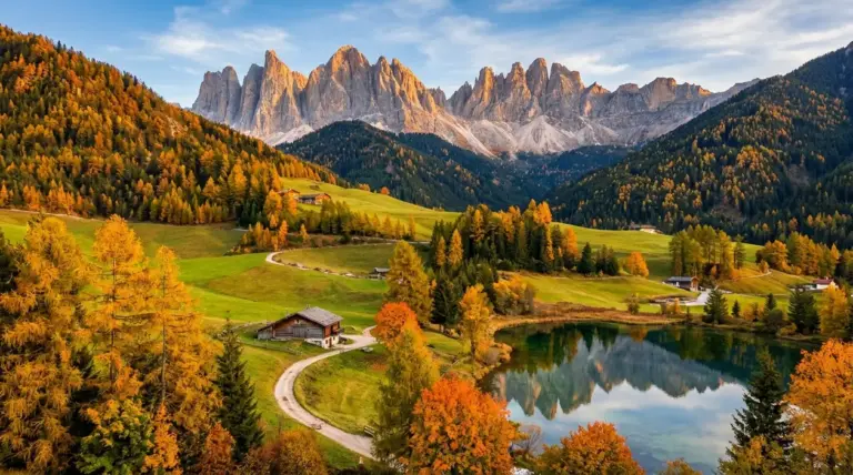 Paesaggio autunnale in Trentino con lago alpino, boschi dorati, baite e montagne delle Dolomiti