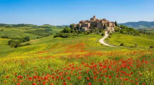Borgo collinare tra campi fioriti e colline verdi in primavera, nel cuore dell’Umbria