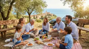 Famiglia di più generazioni in picnic tra gli ulivi con vista sul mare e borgo, durante un viaggio insieme