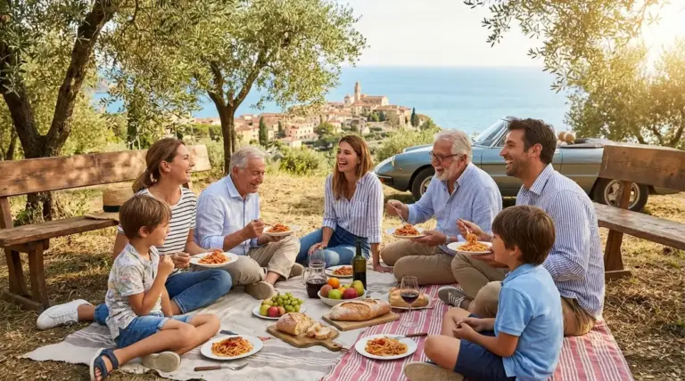 Famiglia di più generazioni in picnic tra gli ulivi con vista sul mare e borgo, durante un viaggio insieme