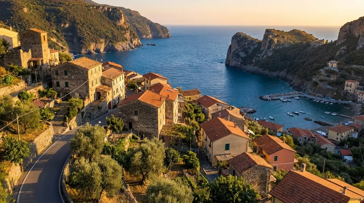 Borgo costiero italiano affacciato su una baia tra scogliere, con case in pietra e piccolo porto al tramonto