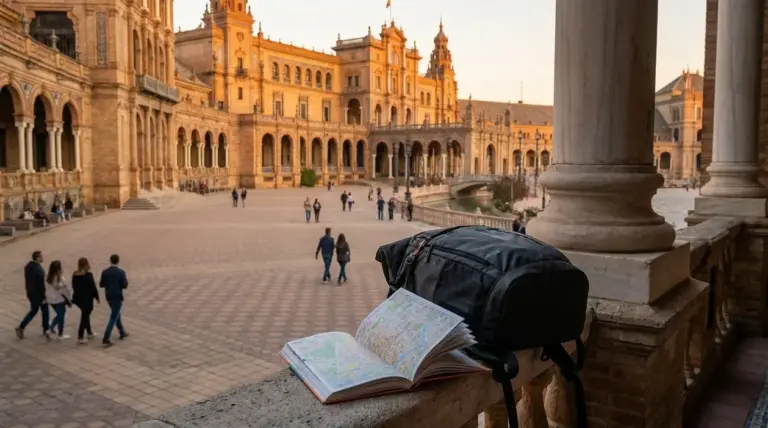 Zaino e mappa aperta affacciati su una grande piazza monumentale, ideale per un viaggio breve in città
