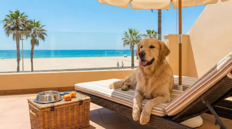Cane sdraiato su lettino in terrazza vista mare, in una struttura pet friendly vicino alla spiaggia