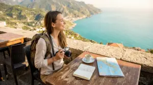Viaggiatrice sola con zaino e macchina fotografica su una terrazza panoramica vista mare in Italia