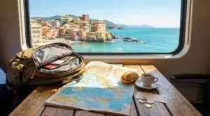 Zaino, mappa dell’Italia e colazione su un treno con vista su un borgo di mare, idea di vacanza low cost