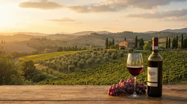Colline toscane al tramonto con vigneti, casale, calice di vino rosso e grappoli d’uva in primo piano