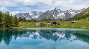 Lago alpino in Valle d’Aosta con baite, prati verdi e montagne innevate riflesse nell’acqua