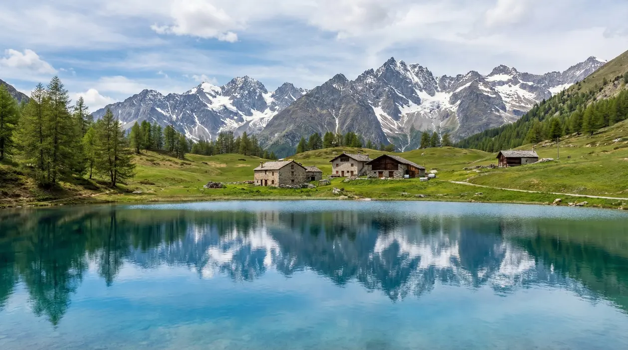Lago alpino in Valle d’Aosta con baite, prati verdi e montagne innevate riflesse nell’acqua
