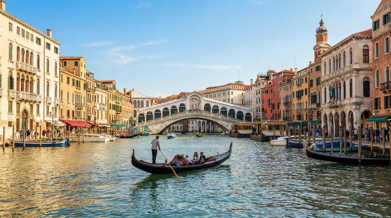 Ponte di Rialto sul Canal Grande a Venezia con gondola e palazzi storici