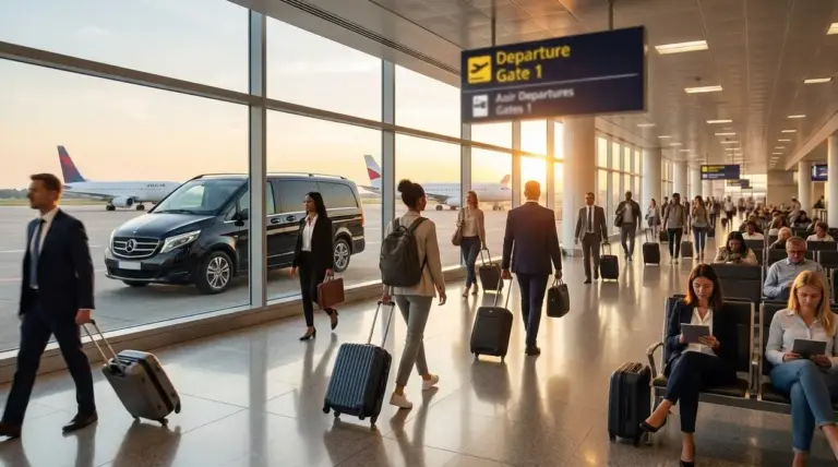 Viaggiatori con trolley in aeroporto accanto a un servizio transfer privato sulla pista al tramonto