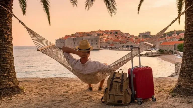 Persona su un'amaca davanti al mare con valigia e zaino, vista su una città costiera al tramonto