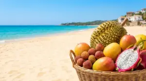Cesto di frutta tropicale su una spiaggia dal mare turchese, simbolo di un viaggio fuori Europa sempre più popolare