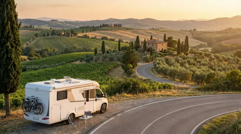 Camper in sosta panoramica tra colline, vigneti e cipressi in Italia al tramonto
