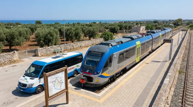 Treno e navetta in una stazione del Salento vicino al mare, tra ulivi e campagna