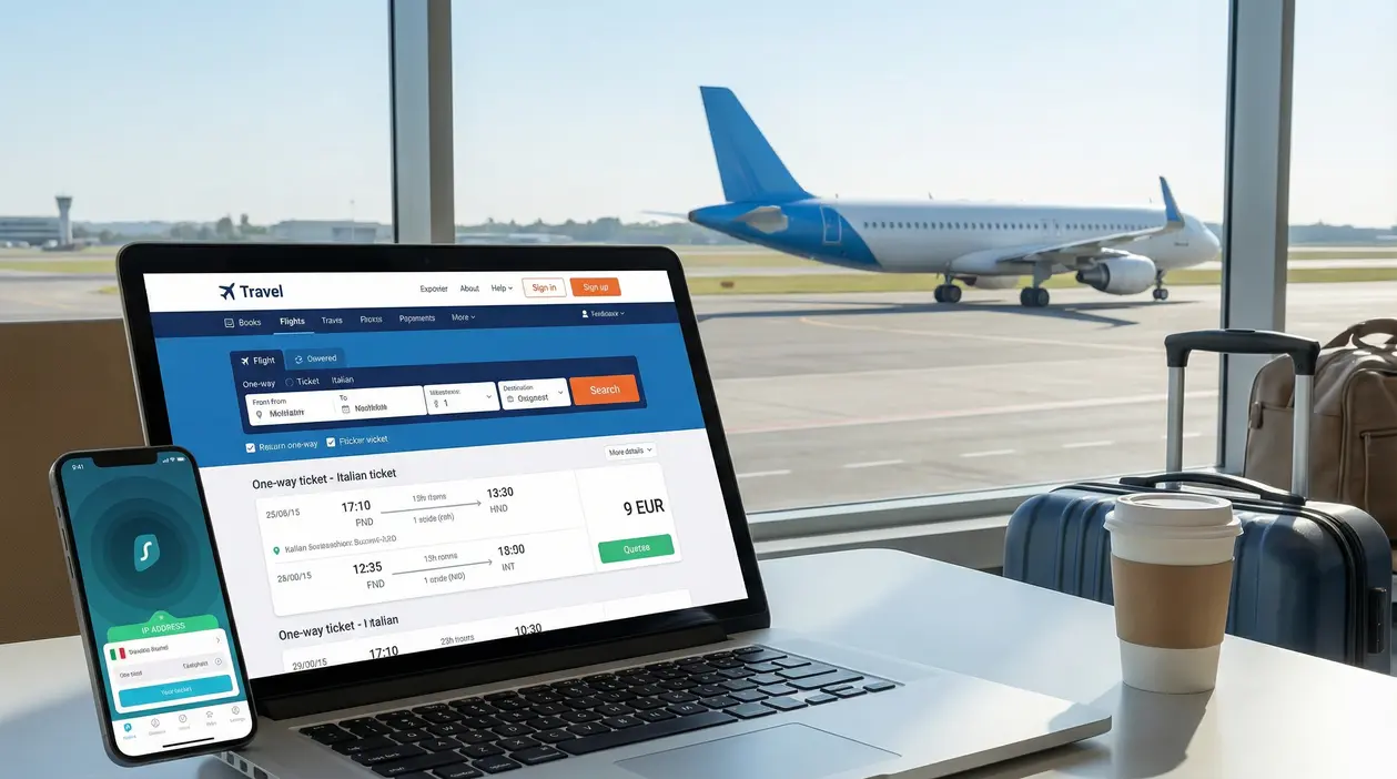Laptop e smartphone in aeroporto mostrano una ricerca di voli low cost per l’Italia con cambio IP