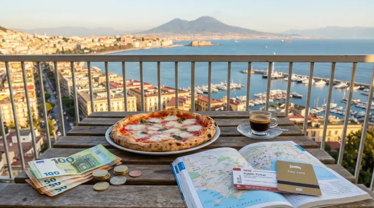 Pizza, caffè, mappa e soldi su un tavolo con vista sul Golfo di Napoli e il Vesuvio