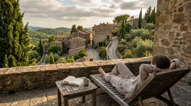 Persona che si rilassa su una terrazza con vista su un borgo in pietra e colline verdi