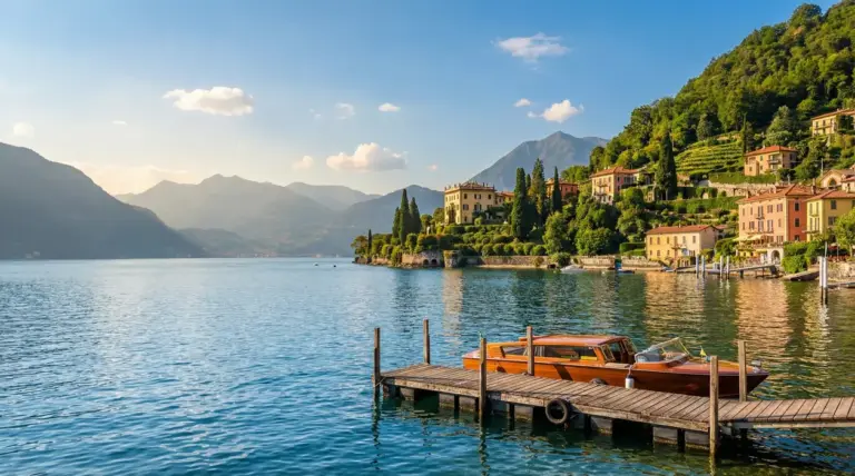 Vista di un lago italiano con molo, barca in legno, ville sul lungolago e montagne al tramonto