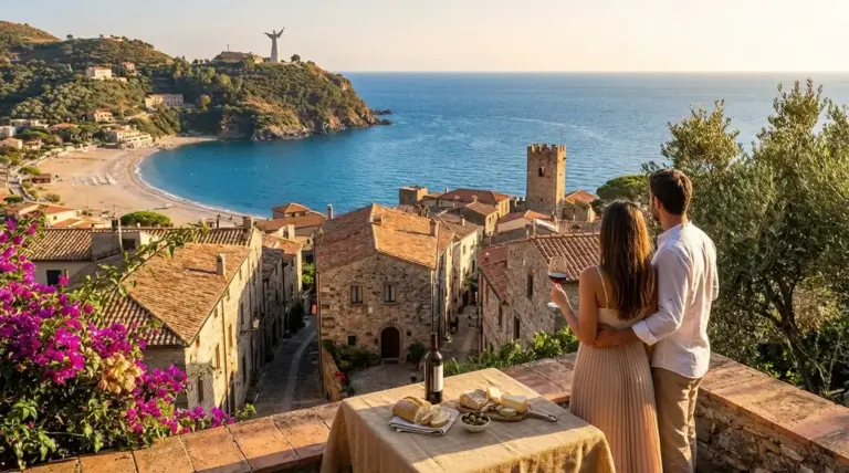 Coppia con calice di vino affacciata su un borgo sul mare in Italia, ideale per un weekend romantico