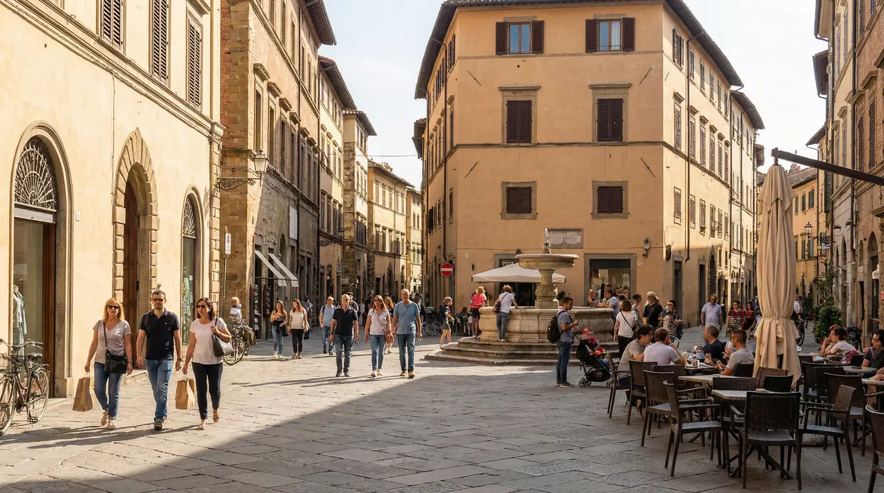 Centro storico con piazza pedonale, fontana e persone a piedi tra palazzi antichi e tavolini all'aperto